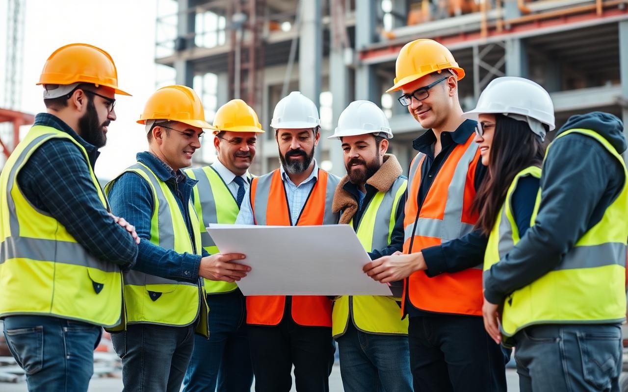 Project engineers and site managers reviewing plans