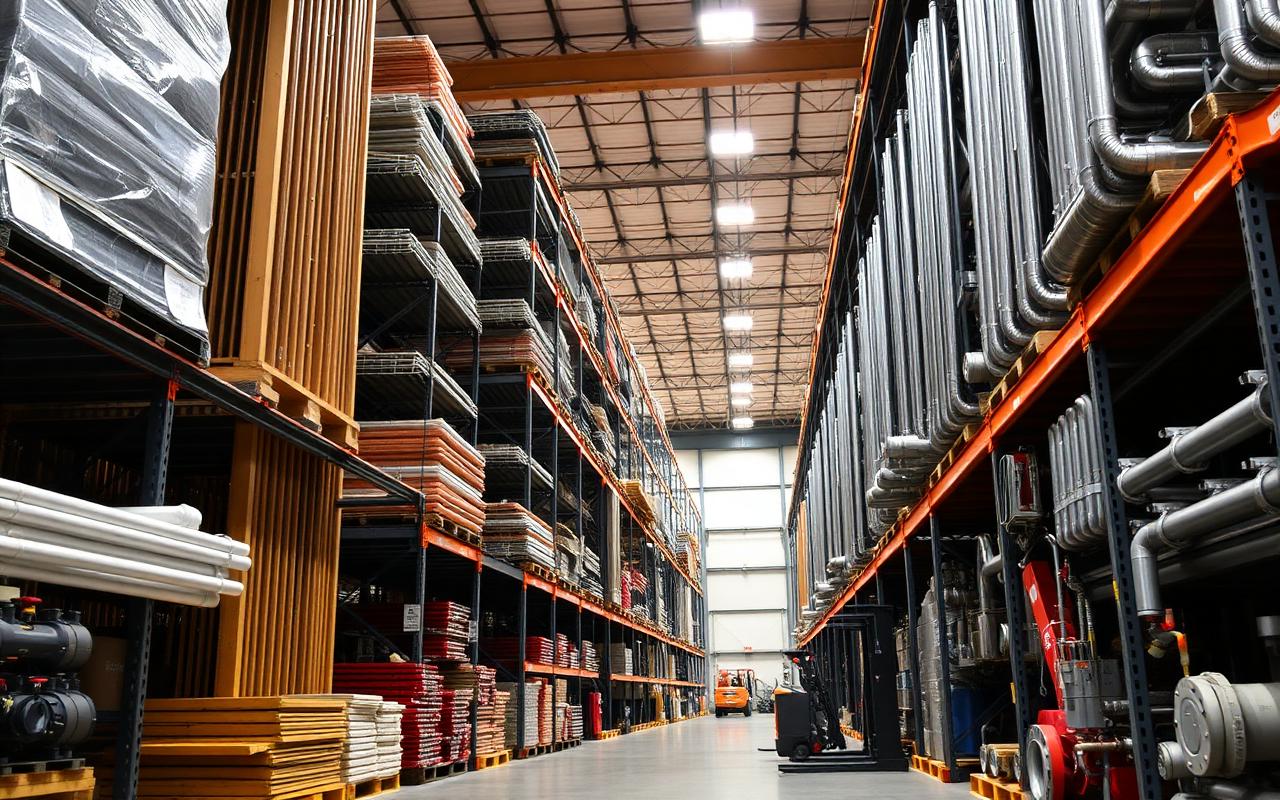 Industrial warehouse with organized inventory of steel pipes and equipment